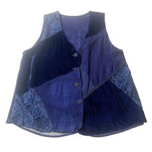 Blue Velvet and Lace Patchwork Button Up Lined Lightweight Vest Women’s Large